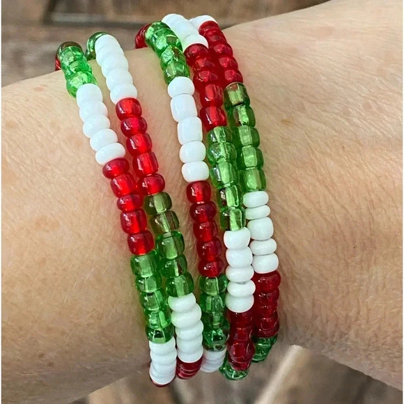 Red White Green Christmas Holiday Handmade Large Seed Bead Bracelet Necklace - Picture 1 of 2